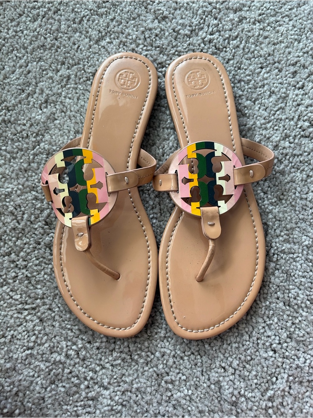Tory Burch Nude Leather Sandal with Multicolor Logo Medallion